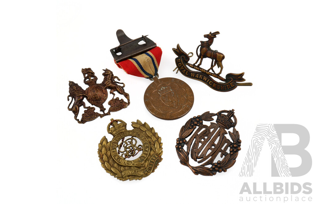 Australian Military Badges Including RAAF Hat, Royal Engineers with Norwegian Defence Participation and Royal Warwickshire Regiment