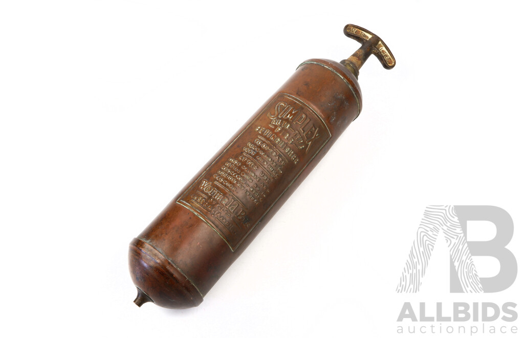 Antique Copper Simplex Auto Type Fire Extinguisher by Wormald Brothers