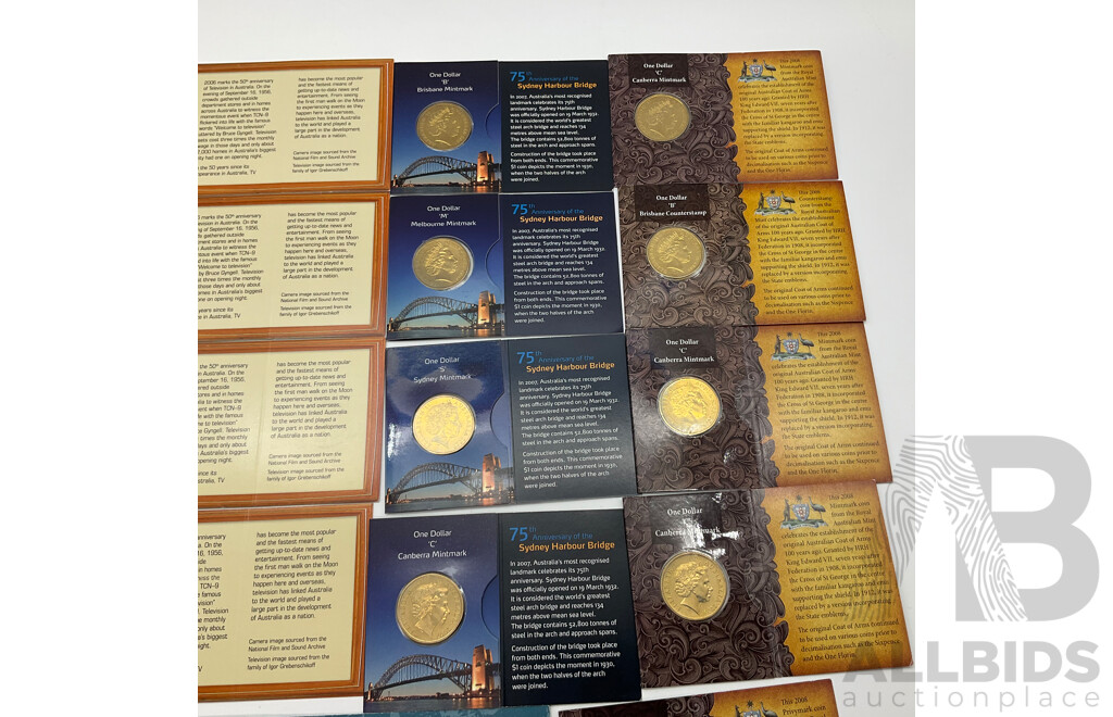 Collection of Australian One Dollar Commemorative Coins Including 2008 One Hundred Years of Coat of Arms, Mint Marks B,M,S,C(4) 2000 HMAS II C Mint Mark, 75th Anniversary of Sydney Harbour Bridge, Mint Marks S,C,M,B, 2006 50 Years of Television