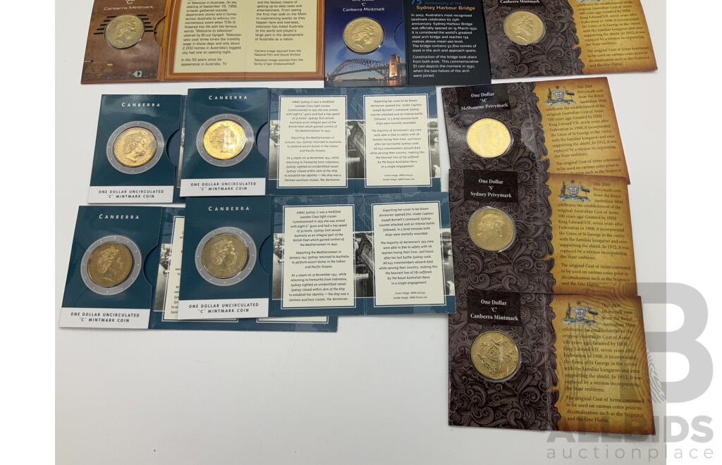 Collection of Australian One Dollar Commemorative Coins Including 2008 One Hundred Years of Coat of Arms, Mint Marks B,M,S,C(4) 2000 HMAS II C Mint Mark, 75th Anniversary of Sydney Harbour Bridge, Mint Marks S,C,M,B, 2006 50 Years of Television