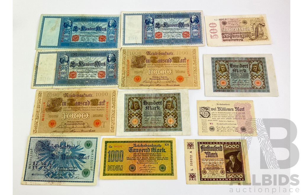 VIntage German Reichs Bank Notes Including Years 1908, 1909, 1910, 1920, 1922, 1923