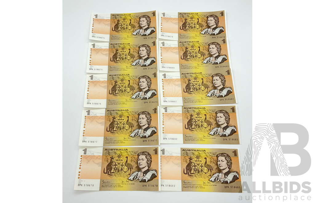 Ten Australian 1982 Consecutive One Dollar Notes DPK518674 - DPK518683