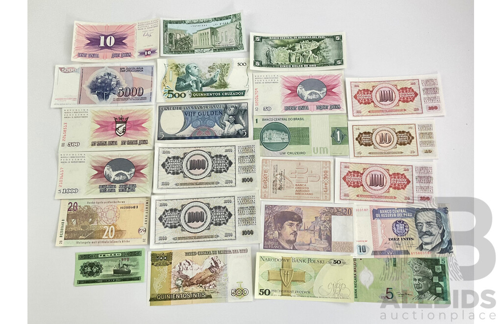 Collection of International Bank Notes Including China, Peru, Poland, France, Italy, Brazil, Malasia, Yugoslavia, Africa, Libia, Suriname, Bosnia
