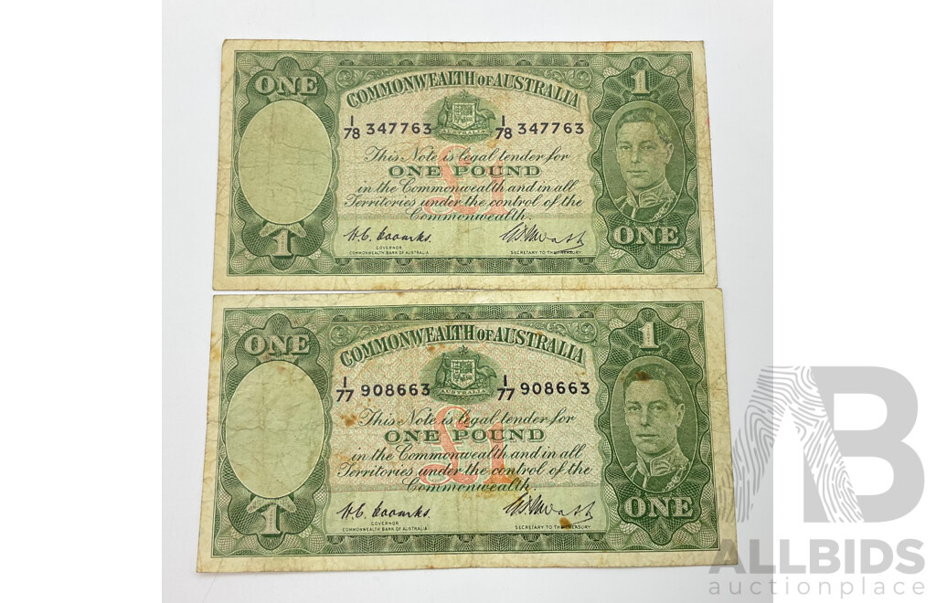 Australian 1949-1952 One Pound Notes Coombs/Watt I 77 and I 78