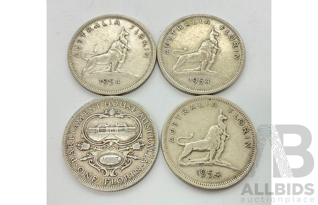 Four Australian Commemorative Silver Florins 1927 Parliament House and 1954 Royal Visit(3) .925 and .500