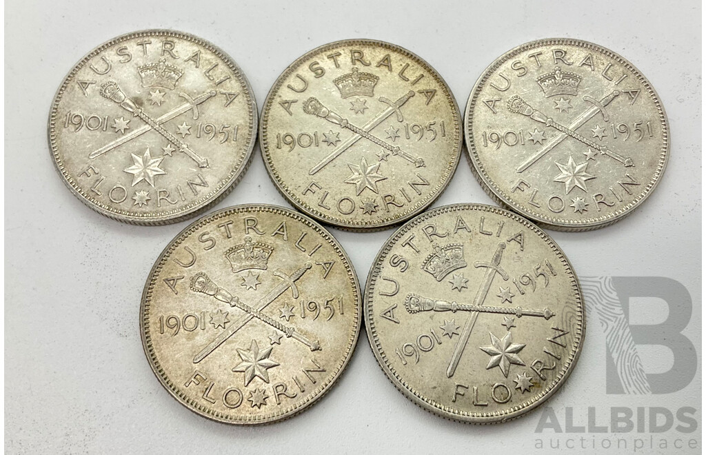 Five Australian 1954 Commemorative Silver Florins .500 Silver