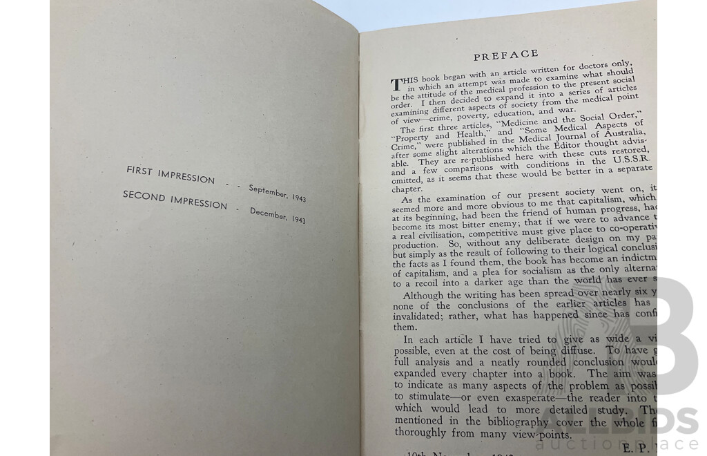 Second Impression Medicine and the Social Order, E.P Dark, Australian Publishing Co, 1943