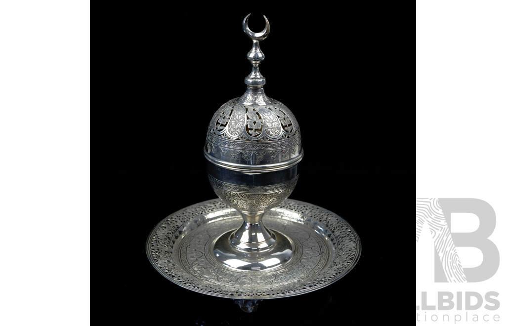Middle Eastern 800 Silver Three Piece Censer with Intricate Engravinf and Pierced RIm