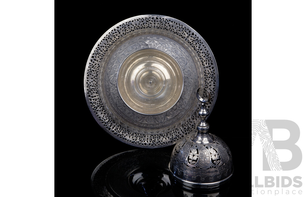 Middle Eastern 800 Silver Three Piece Censer with Intricate Engravinf and Pierced RIm