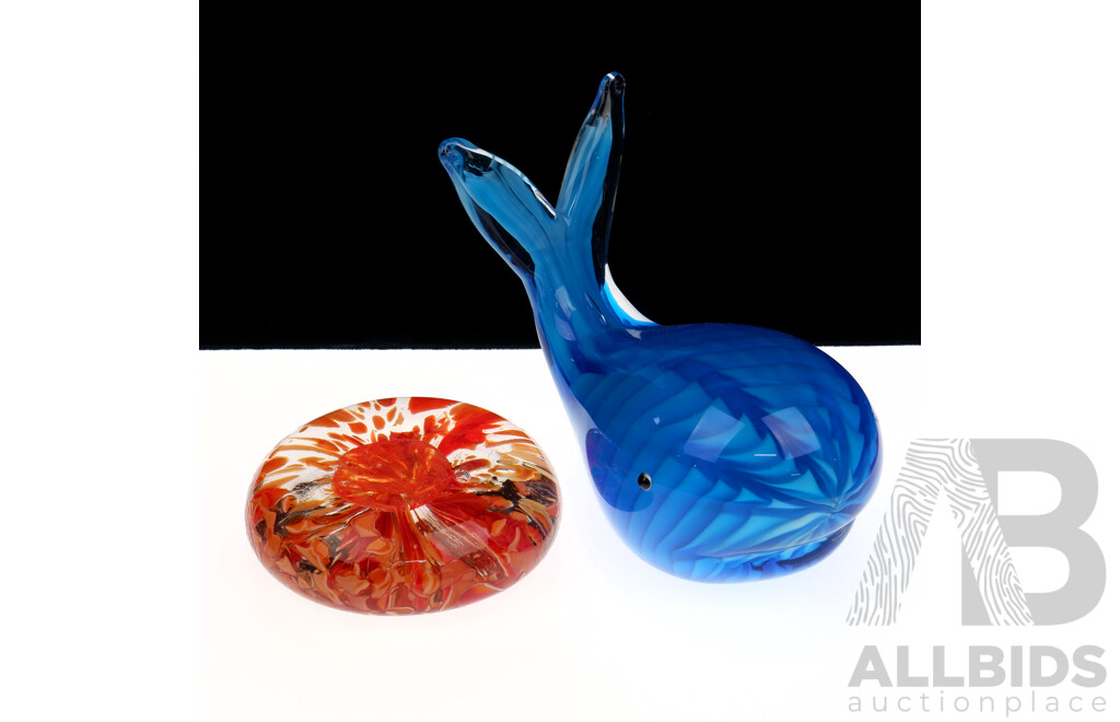 Pair Art Glass Paperweights Including Whale