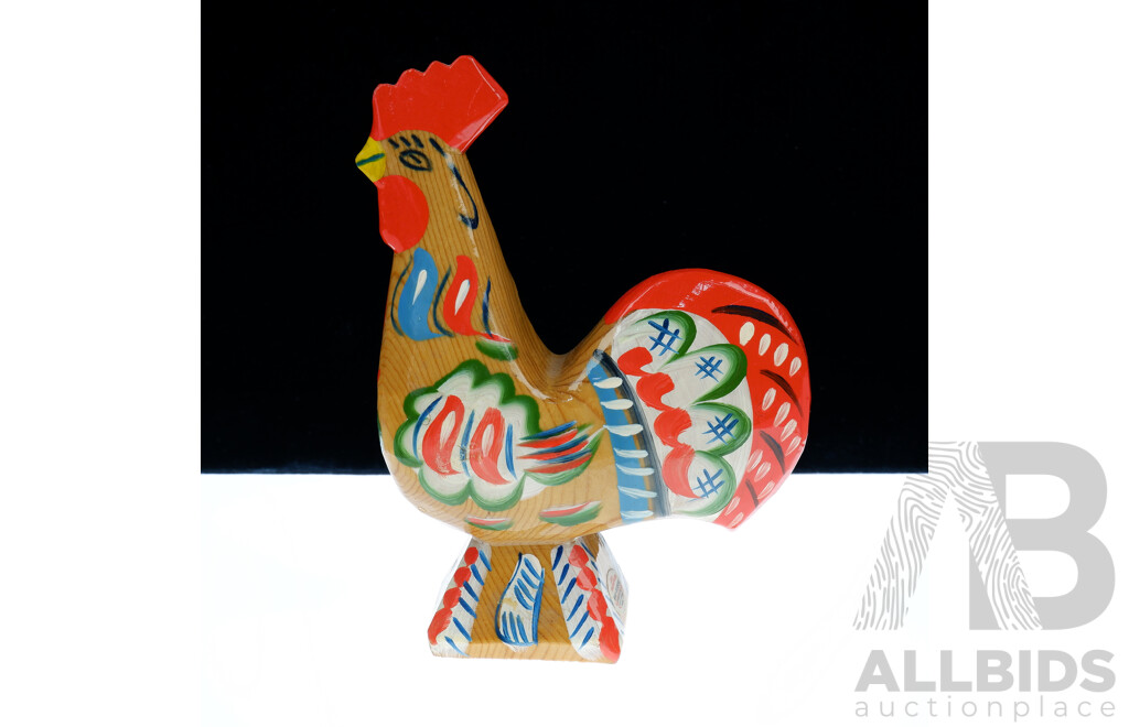 Vintage Hand Painted Unusual Wooden Dala Rooster Figure by Nils Olsson with Original Label
