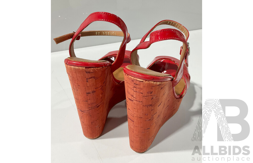 Pair of Emporio Armani Red Patent Cork Wedge Sandals - Sz 38 EU