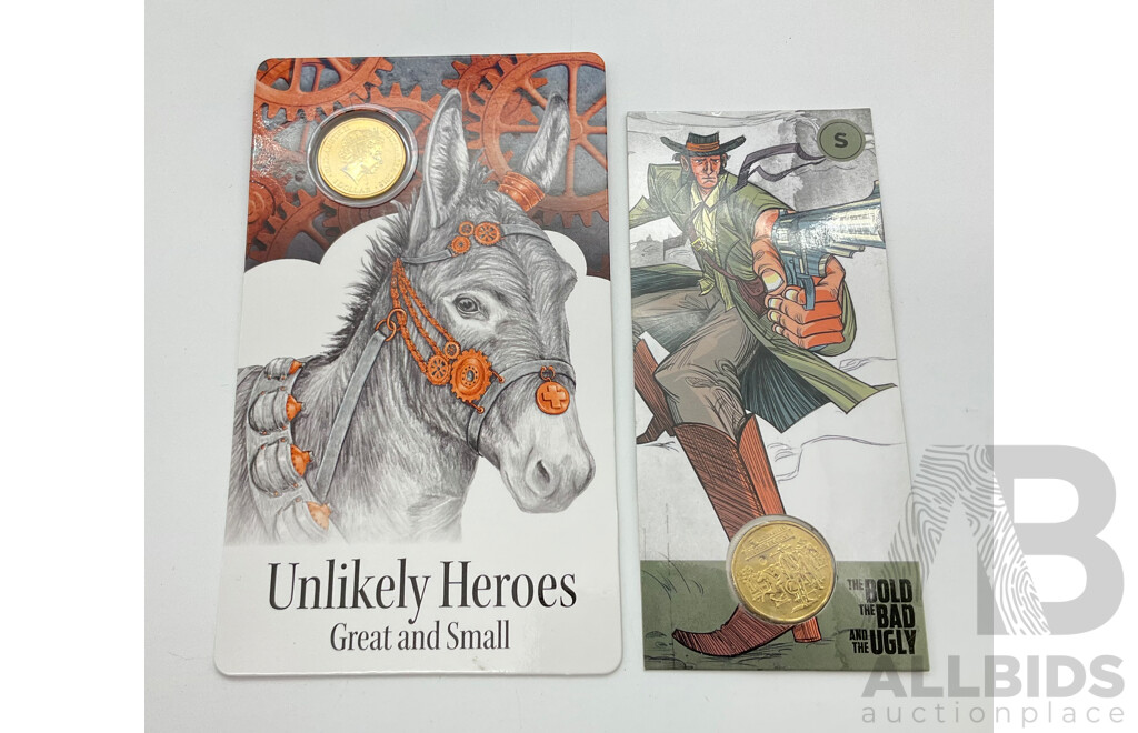 Australian RAM 2015 One Dollar Unlikely Heroes Great and Small, Murphy the Donkey with 2019 One Dollar the Bold, the Bad and the Ugly, Brave Ben Hall