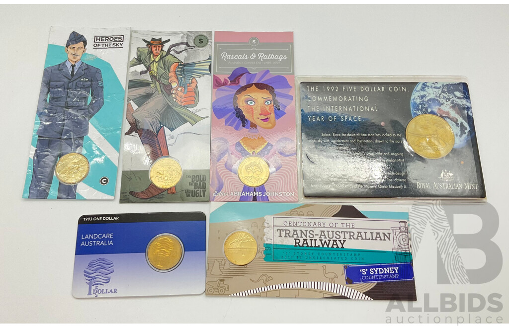 Australian RAM Commemorative Coins Including 2021 Heroes of the Sky, 2017 'S' Trans-Australian Railway, 2018 'S' Esther Abrahams Johnston, 2019 'S' Brave Ben Hall, 1993 Land Care, 1992 Year of Space Five Dollar