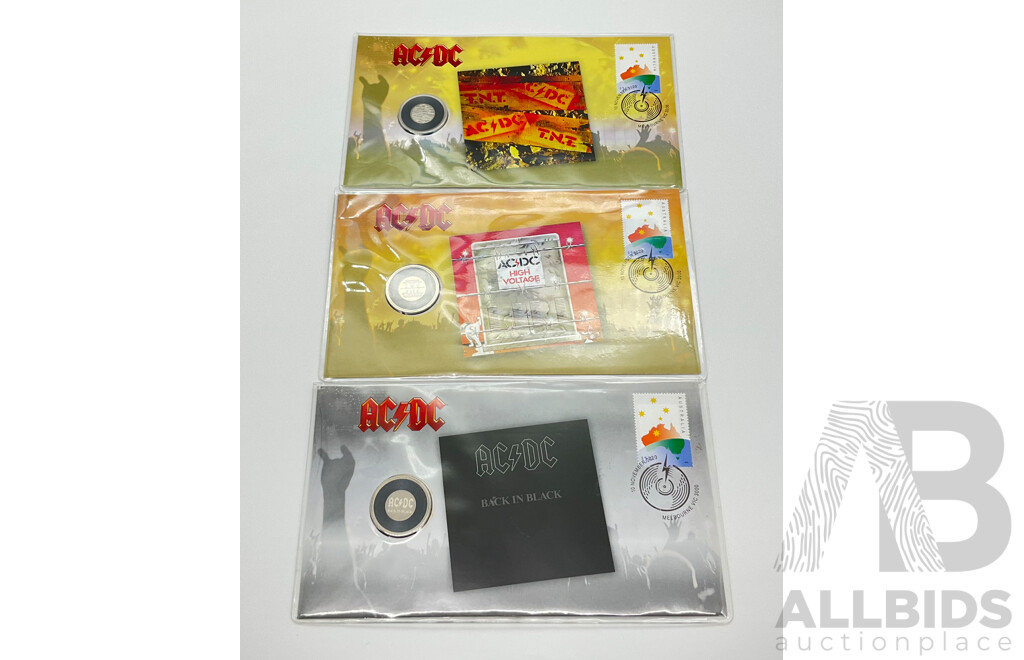 Three Australian AC/DC Limited Edition Postal Numismatic Covers Including TNT, High Voltage and Back in Black