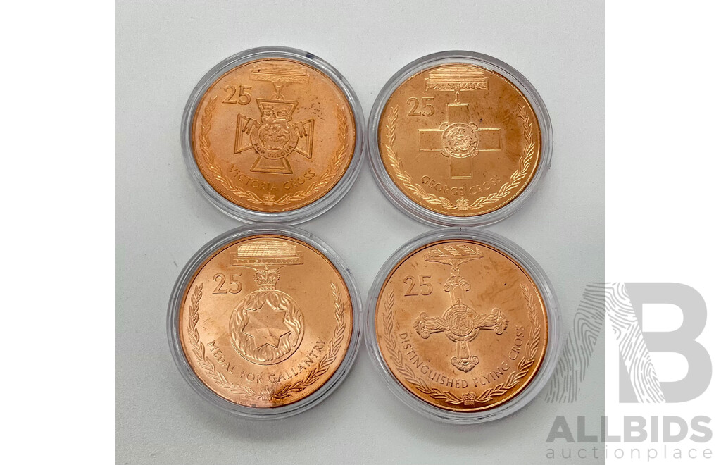 Four Australian 2017 Legends of the ANZAC Twenty Five Cent Coins, Victoria Cross, Distinguished Flying Cross, George Cross and Medal for Gallantry