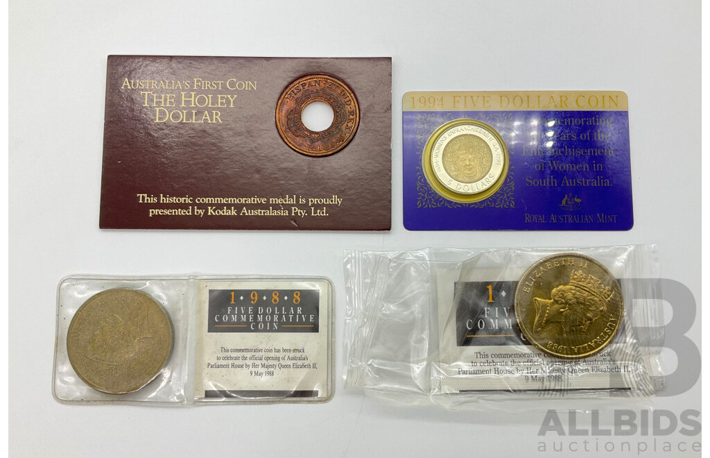 Australian Commemorative Coins and Medal Including 1994 Five Dollar 100 Years of the Enfranchisement of Women in South Australia, 1988 Five Dollar New Parliament House, Australia's First Coin the Holey Dollar