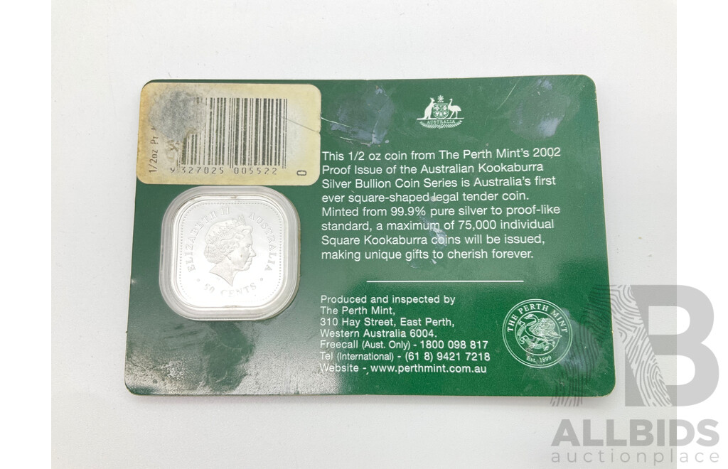 Australian Perth Mint 2002 Square Silver Proof Fifty Cent Coin, Kookaburra .999