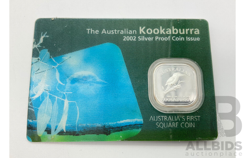 Australian Perth Mint 2002 Square Silver Proof Fifty Cent Coin, Kookaburra .999