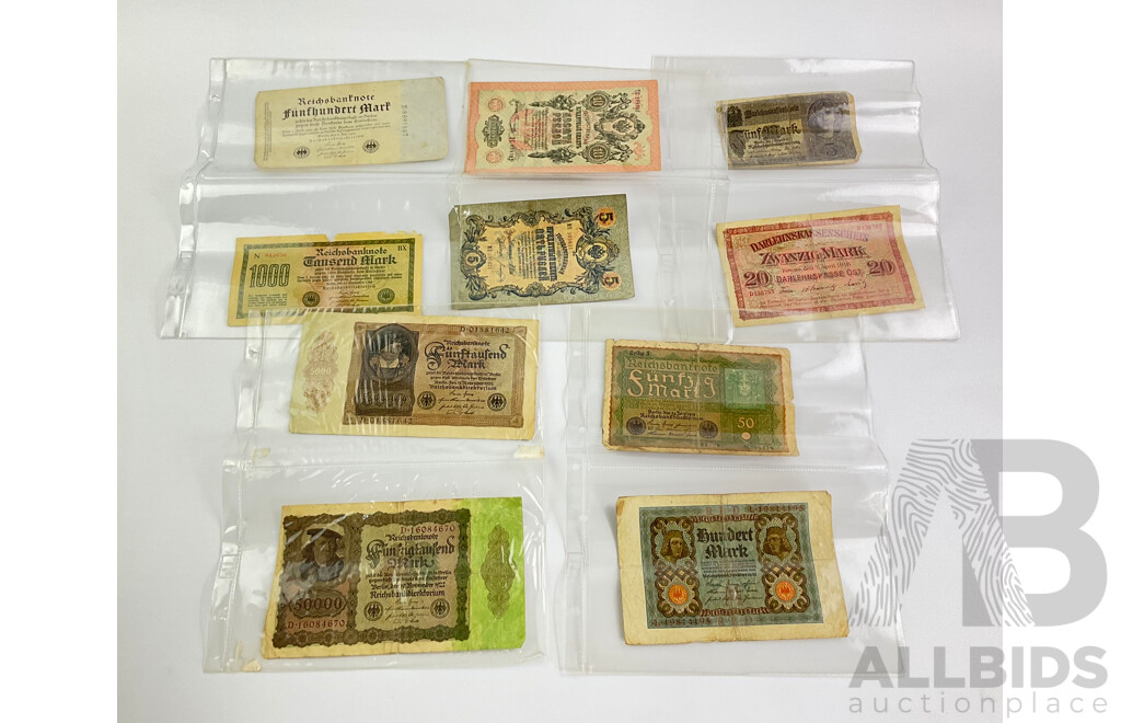 Collection of Ten German 1909-1923 Paper Bank Notes