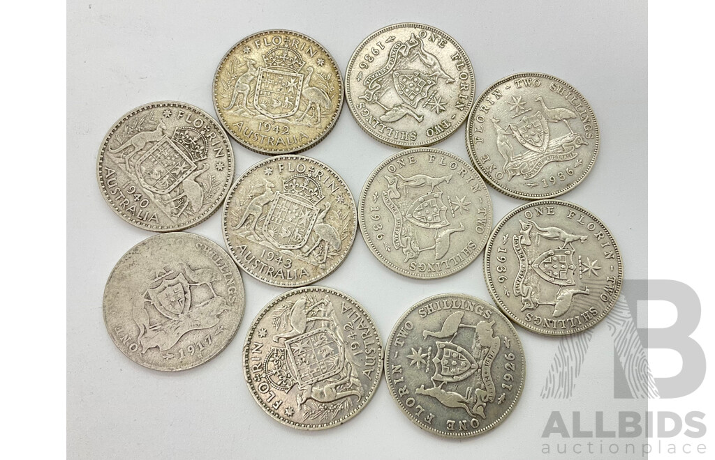 Ten Australian Pre 1945 One Florin Silver Coins .925