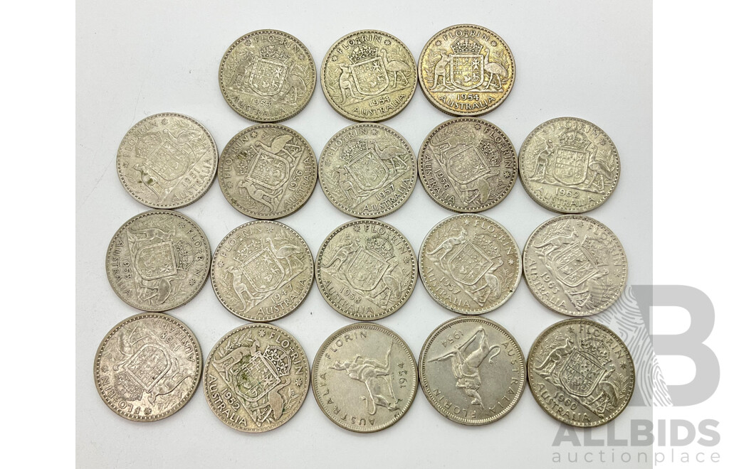 Eighteen Australian Post 1945 One Florin Silver Coins Including Two 1954 Commemorative .500