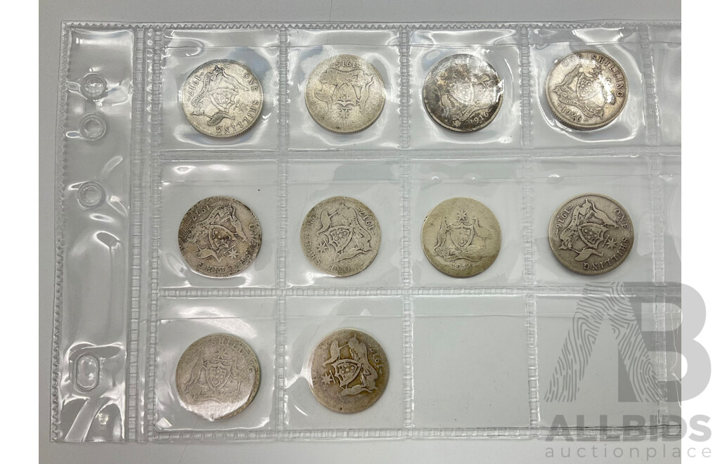 Ten Australian Pre 1945 One Shilling Coins Including 1916 'M' Mint Mark .925