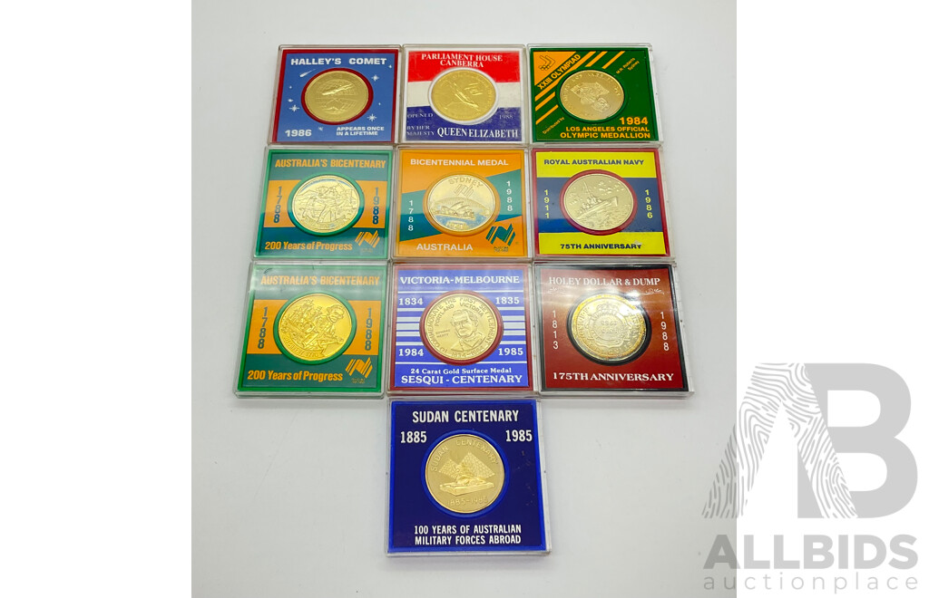 Collection of Ten Medallions Including Australian 1988 Bicentennial, 1986 75th Royal Australian Navy, 1988 New Parliament House, 1988 Holey Dollar and Dump, Sudan Military Centenary, Victoria-Melbourne Sesqui Centenary