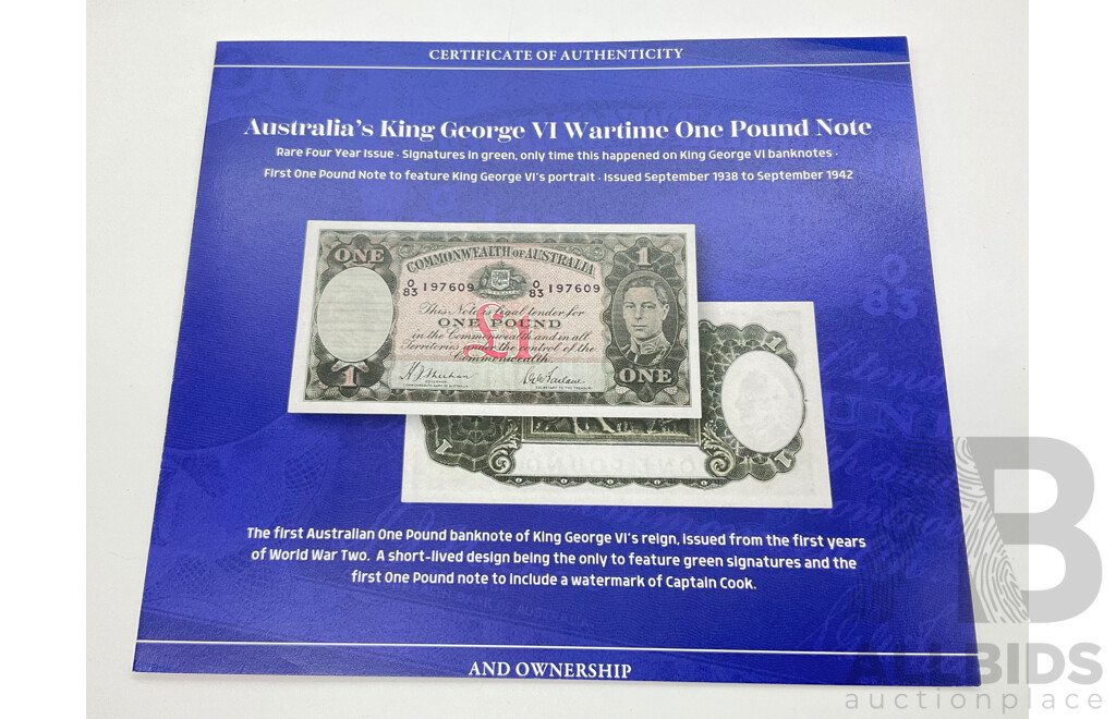 Rare Australian 1938-1942 KGV UNC One Pound Note 083 197609 with Certificate of Authentication From the Bradford Exchange
