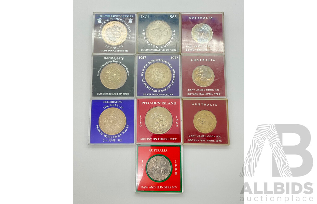 Collection of Ten Australian and UK Commemorative Coins Including 1970 Captain Cook, 1998 Bass and Flinders, 1965 Churchill, 1972 Silver Wedding, 1980 Queen Mother Birthday, 1982 Prince William, 1981 Royal Wedding, Pitcairn Island Mutiny on the Bounty