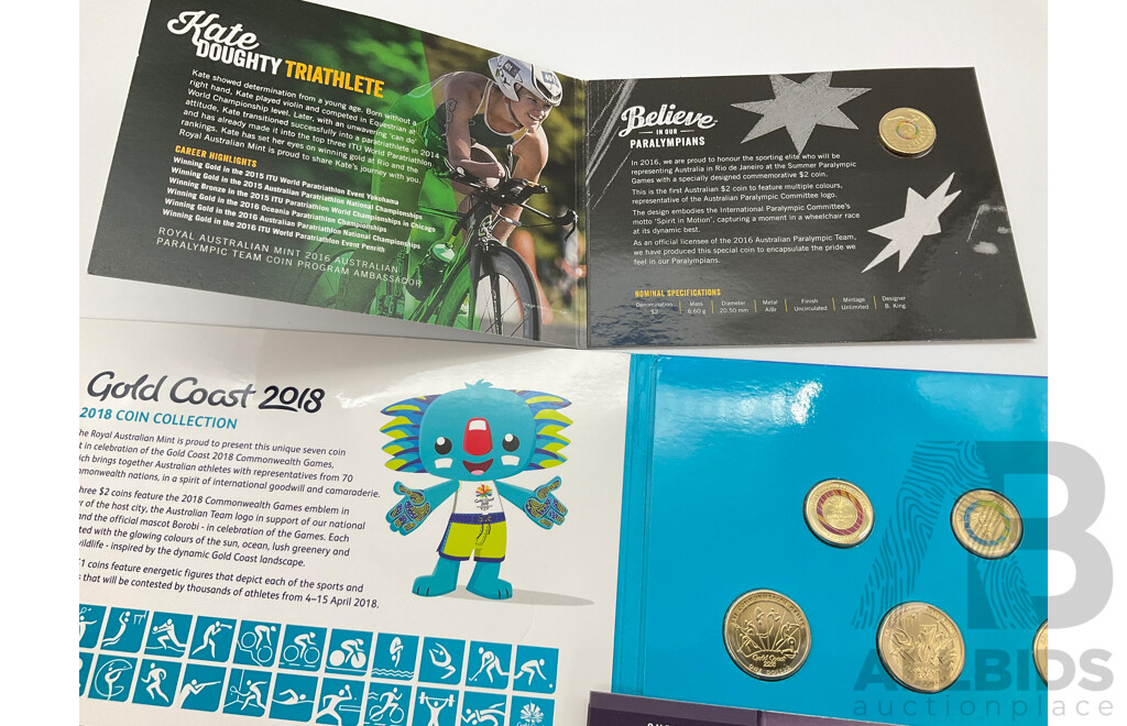 Collection of Australian Commemorative Coins Including, 2016 Paralympic Team, 2018 Gold Coast Commonwealth Games One and Two Dollar Set with Gold Plated Fifty Cent, 2000 Sydney Olympics