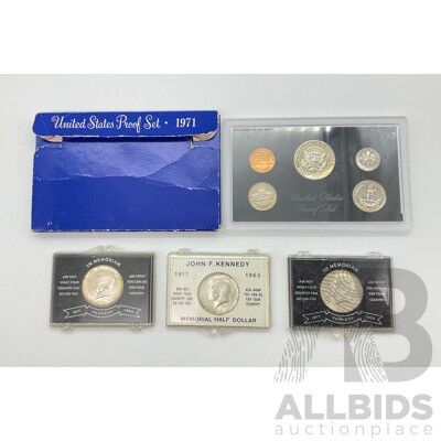 Three USA 1963 Half Dollars, JFK Memorial and 1971 Five Coin Proof Set