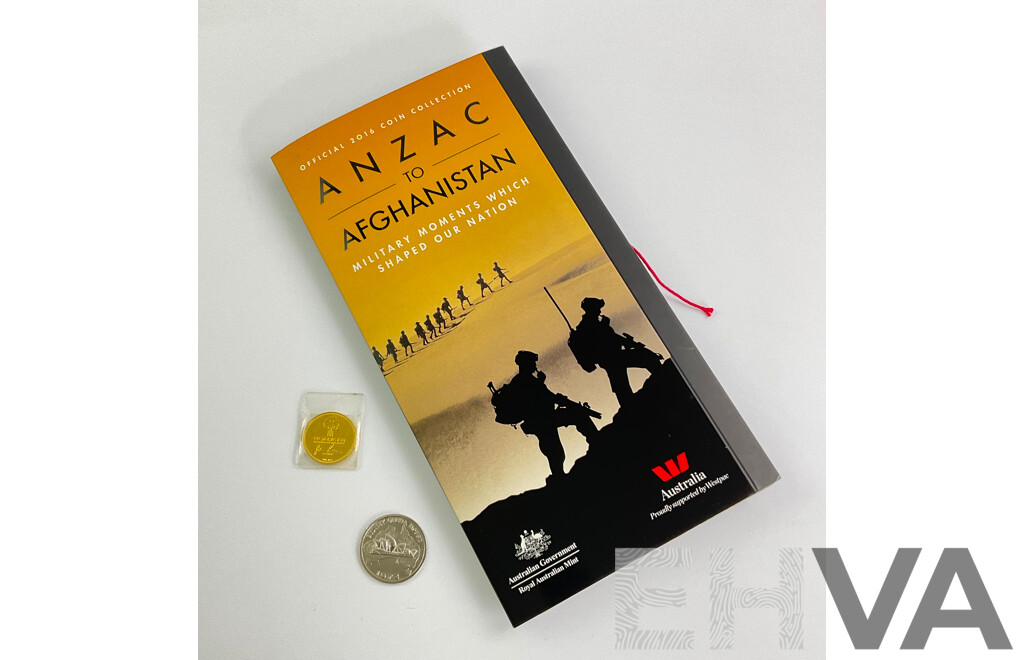 Australian 2016 Anzac to Afghanistan Fourteen Coin Collection Folder with Sydney 1973 Opera House Medallion and 1985 Honoured Citizen of Victoria Medallion