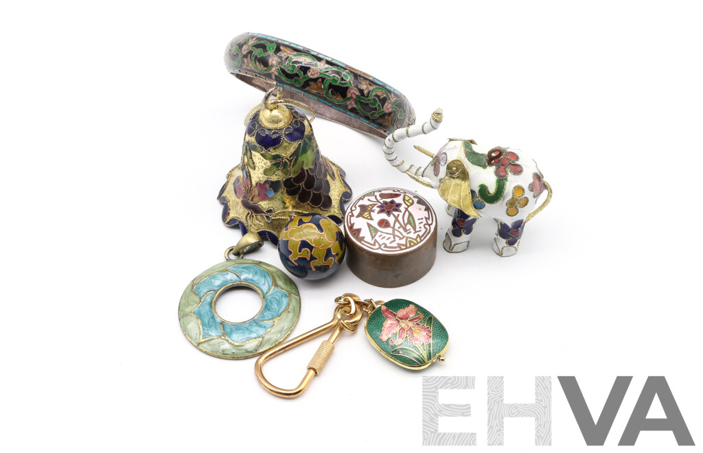 Collection Of Vintage Cloisonne Trinkets Including (2) Ornaments, Bangle, Trinket Box, Keyring and Harmony Ball