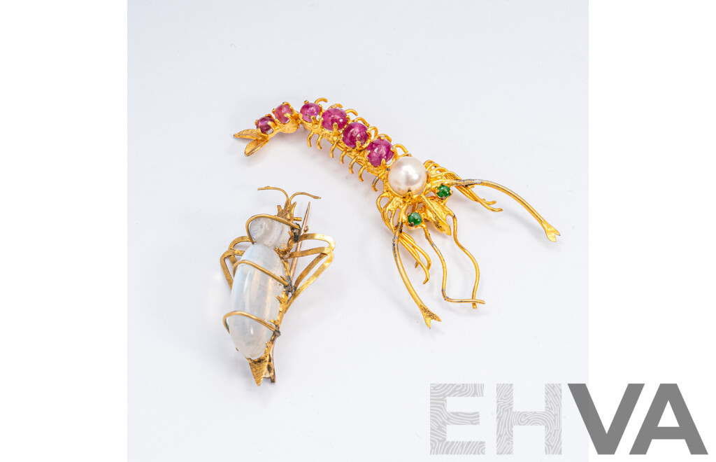 Mantas Shrimp Brooch & Bug Brooch, Gold Tone with Natural Rubies, Pearl, Emerald & Moonstones