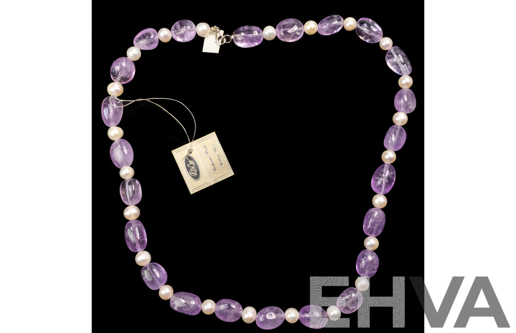 NEW - MKOD Sterling Silver Amethyst & Cultured Pearl Necklace, 60cm, Hallmarked 925