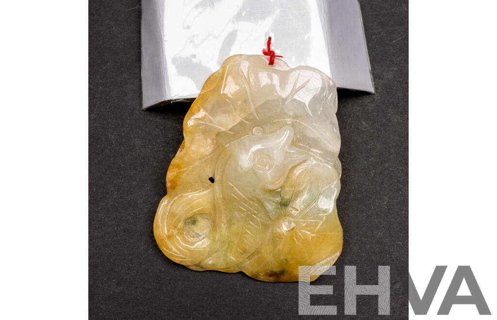 Vintage Carved Jade Double Sided Fish Pendant, 48mm X 40mm, 17.46 Grams