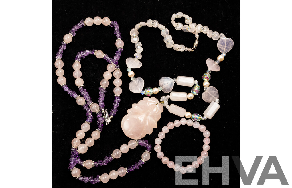Rose Quartz Carved Pendant with Beaded Rose Quartz Necklace & Amethyst & RQ Beaded Necklace