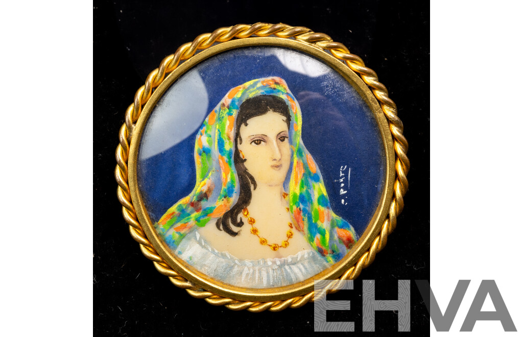 Vintage French Handpainted Portrait Brooch, 58mm, Signed
