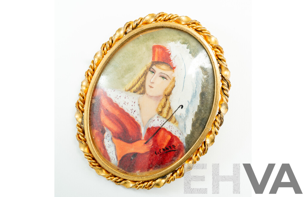 Vintage French Handpainted Oval Portrait Brooch, 58mm, Signed