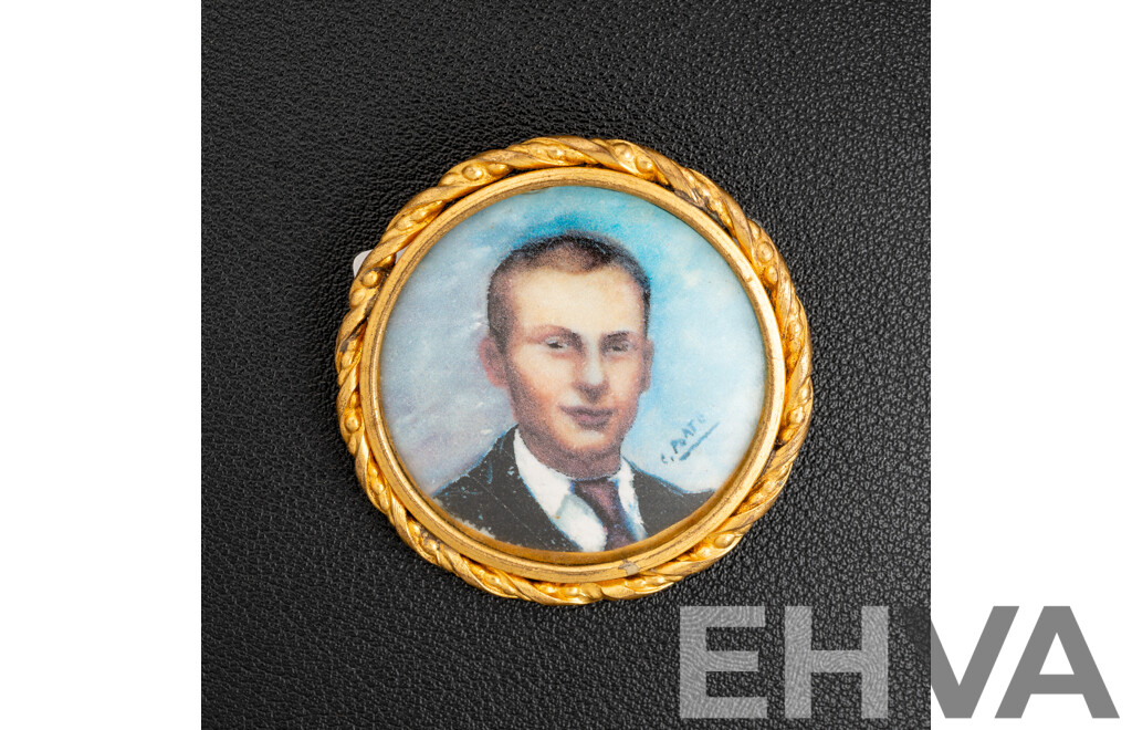 Vintage French Handpainted Portrait Brooch, Round 45mm, Signed