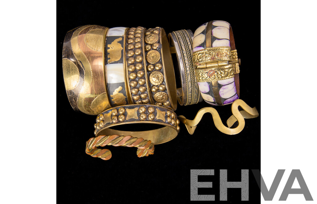 Collection of (9) Vintage Brass & Copper/Tone Bangles & Cuffs in Various Designs
