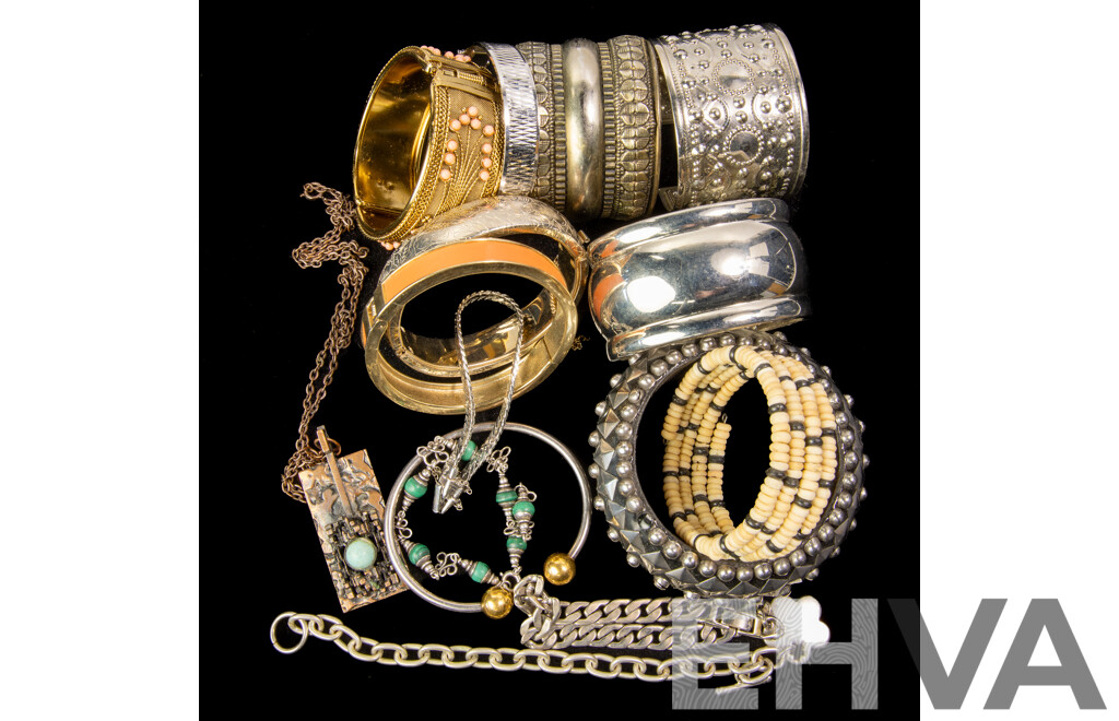 Collection of (14) Vintage Bangles, Cuffs & Bracelets with Turquoise Pendant