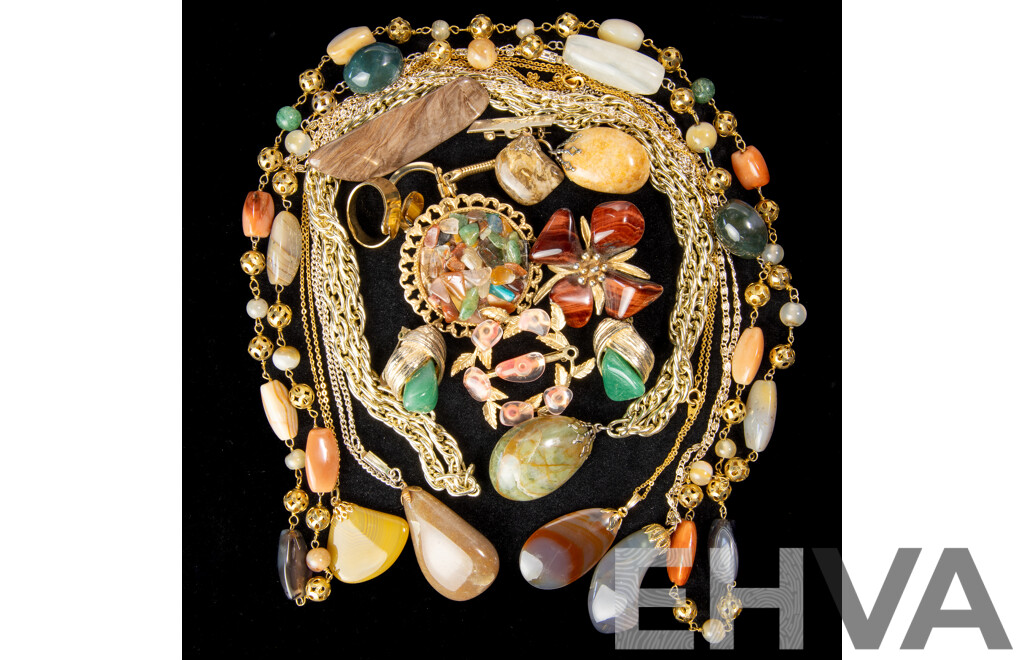 Vintage Natural Gemstone Collection with Brooches, Pendants and Beaded Necklace