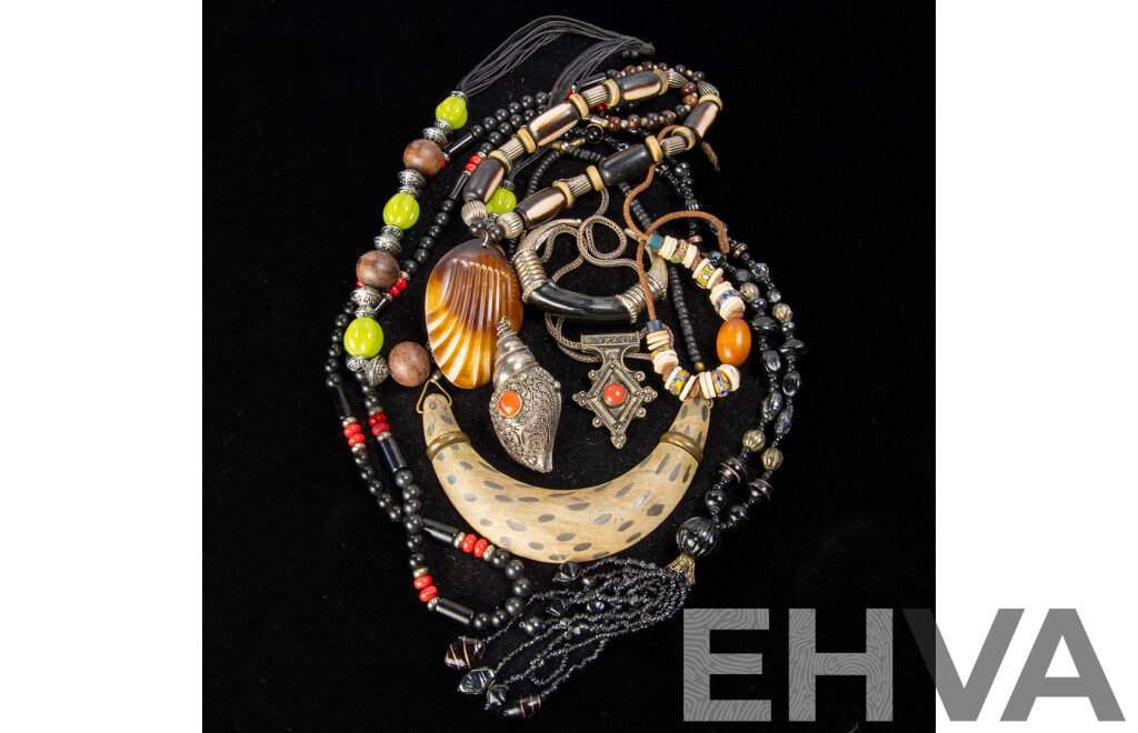 Beaded Tribal (7) Necklaces Also Included Silvertone Shell Pendant & Horn Open Cuff Bangle