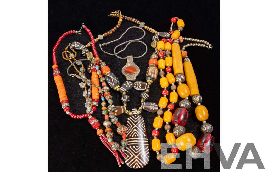 Collection of (7) Vintage Bohemian/tribal Beaded Necklaces in Various Designs