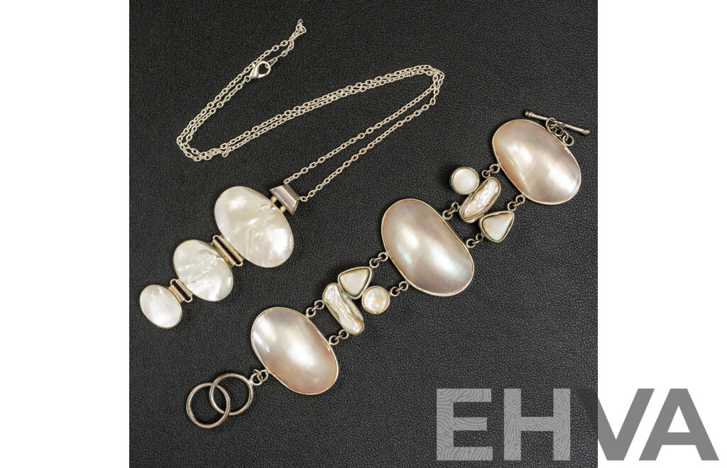 Sterling Silver 70mm Mother of Pearl Pendant and Bracelet with Osmena/biwa Pears/MOP