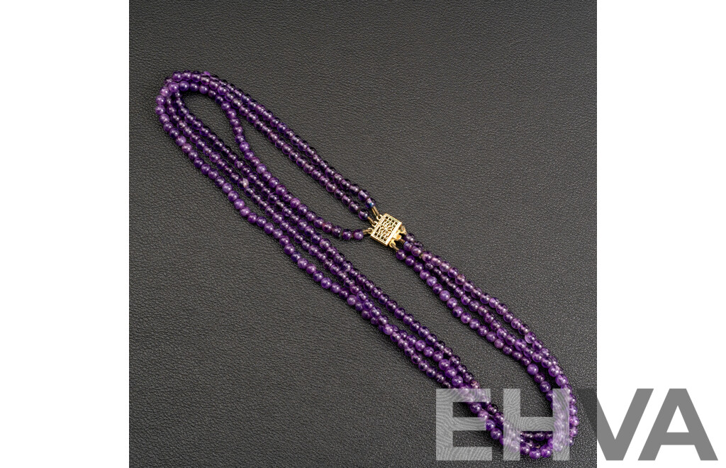 Vintage Triple Strand Amethyst Beads, 40cm Long with Gold Tone Pearl Clasp