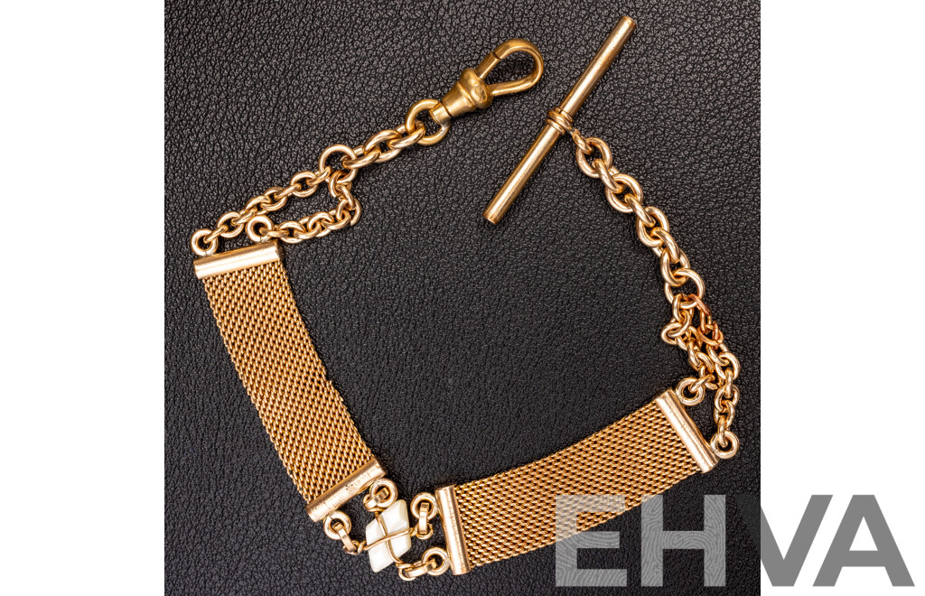 Vintage Gold Tone Fob Chain with Mesh Detail and Mother of Pearl, 21cm, Could Also Be Worn as a Bracelet