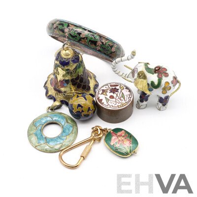 Collection Of Vintage Cloisonne Trinkets Including (2) Ornaments, Bangle, Trinket Box, Keyring and Harmony Ball